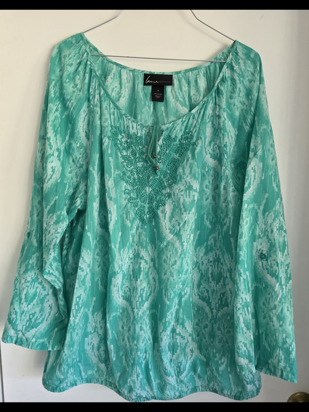 Lane Bryant Turquoise Printed Beaded Peasant Top 16